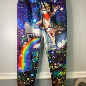 Rainbow Cowboy Cat Riding Shark Sweatpants/Joggers